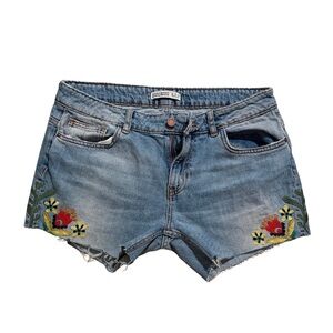 Denim Embroidered Floral Women’s Shorts - Blue ZARA